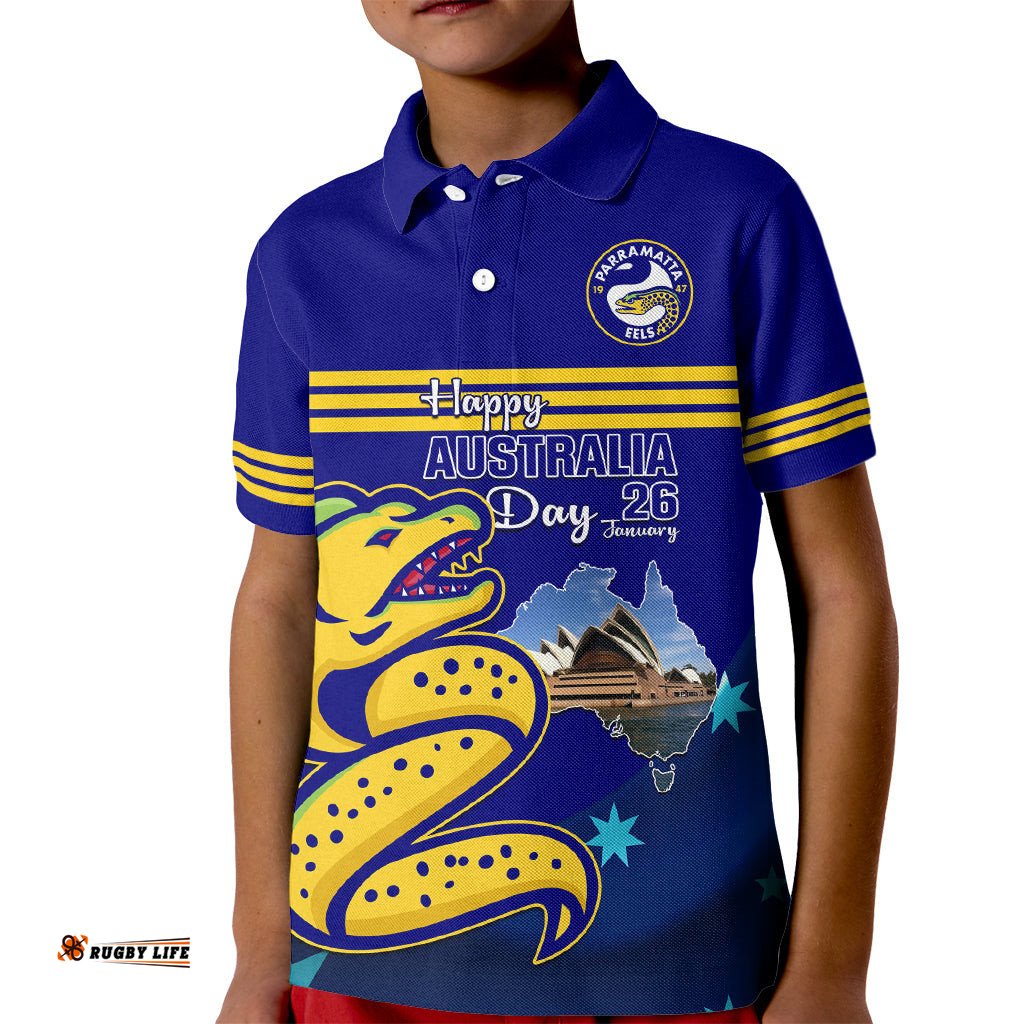 Custom Australia Day Eels Kid Polo Shirt NRL 2024 Sydney Opera House With Map