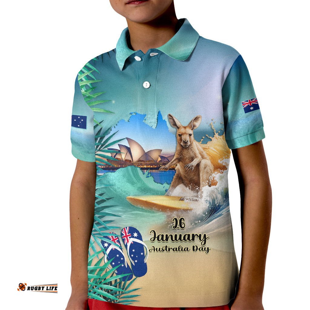 Australia Day 2024 Kid Polo Shirt Kangaroo Go Surfing Aussie Map Tropical Style