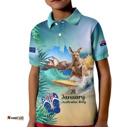 Australia Day 2024 Kid Polo Shirt Kangaroo Go Surfing Aussie Map Tropical Style