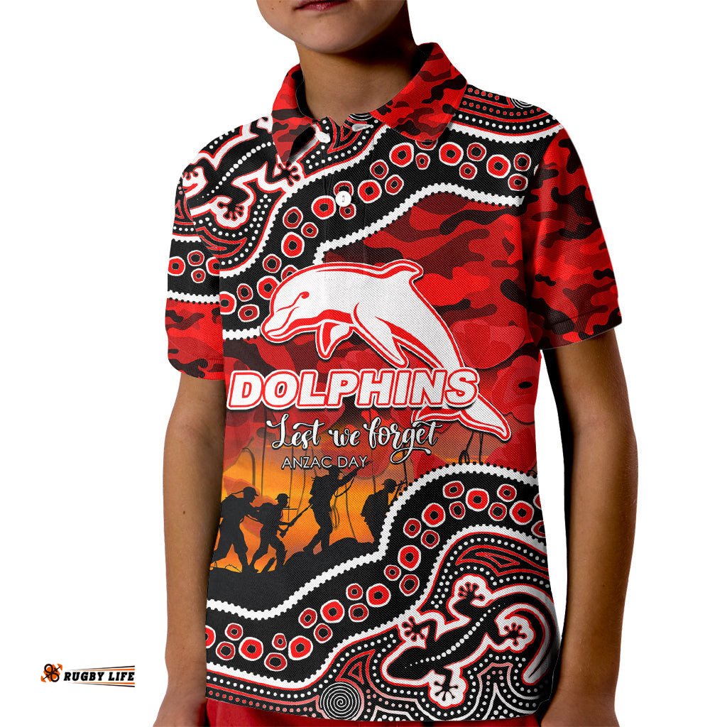Custom Personalised Anzac Day NRL - Dolphins Kid Polo Shirt Aboriginal Lizard Patterns