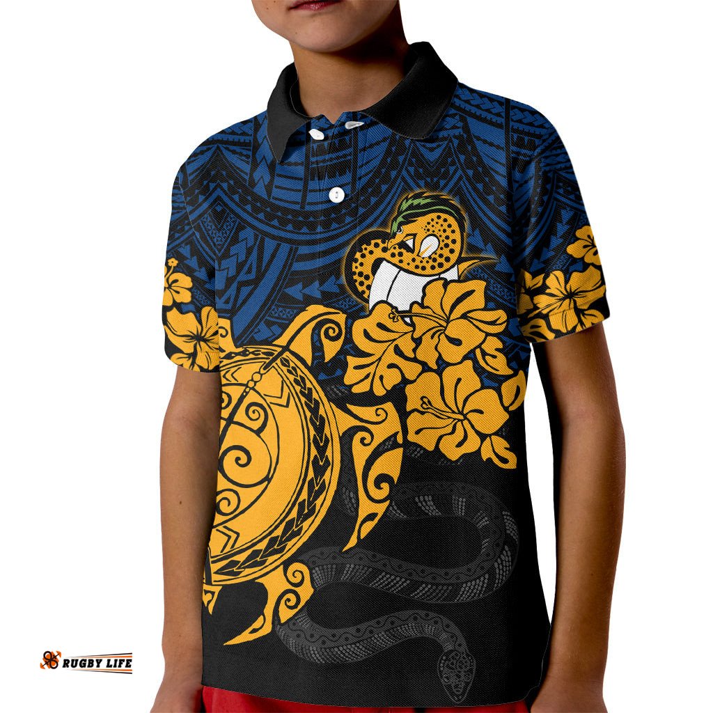 Custom Parra Eels Rugby Kid Polo Shirt Hibiscus and Turtle With Polynesian Pattern
