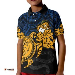 Custom Parra Eels Rugby Kid Polo Shirt Hibiscus and Turtle With Polynesian Pattern