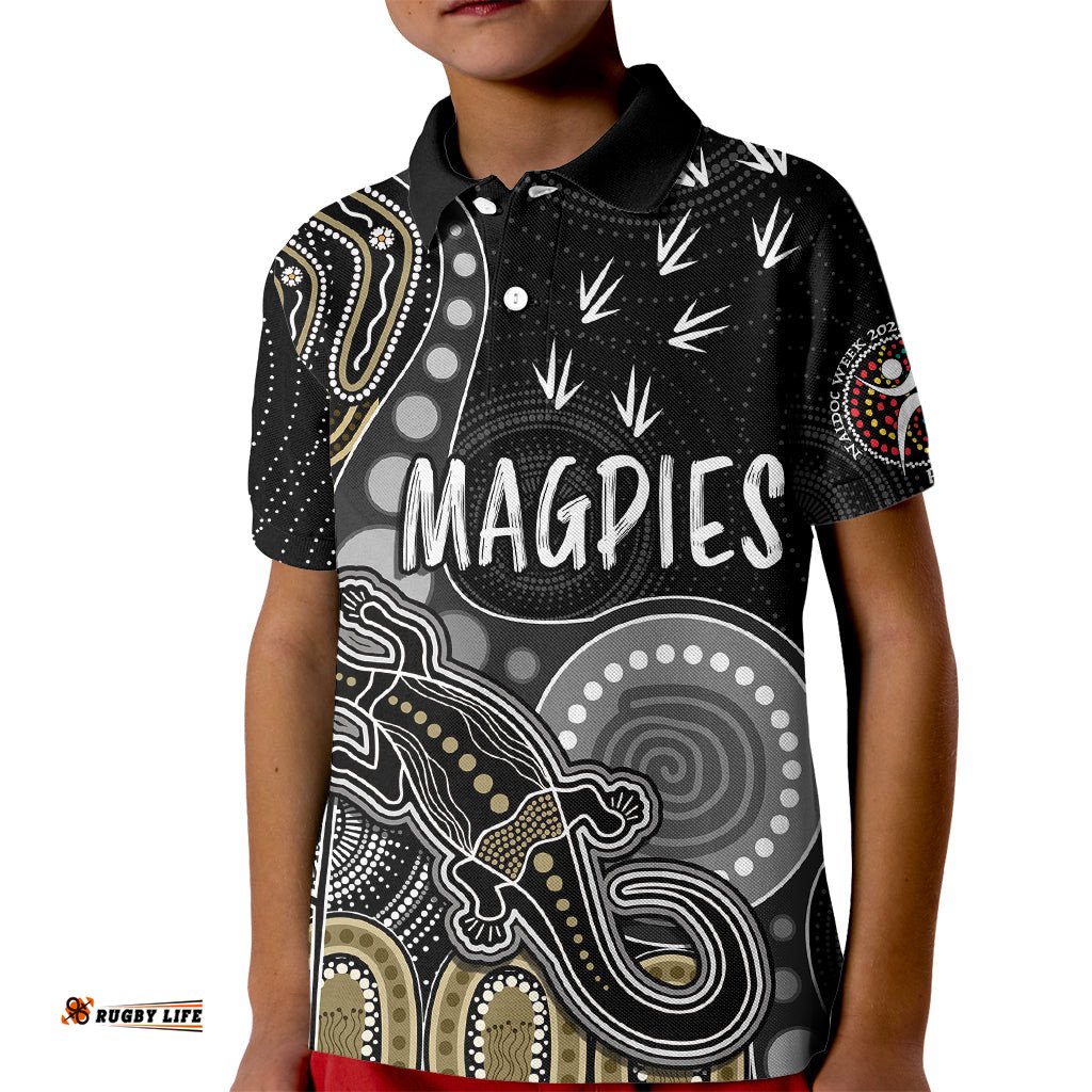 Personalised NAIDOC WeekAFL Magpies Kid Polo Shirt Aboriginal Dot Art Lizard Mix Boomerang
