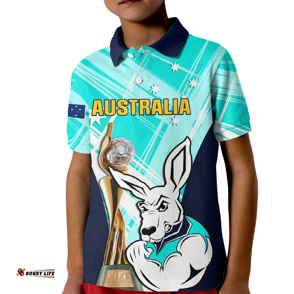 Custom Australia Soccer Kid Polo Shirt Matildas Kangaroo With World Cup TrophyTurquoise Version