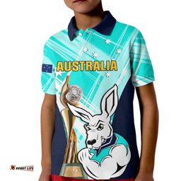Custom Australia Soccer Kid Polo Shirt Matildas Kangaroo With World Cup TrophyTurquoise Version