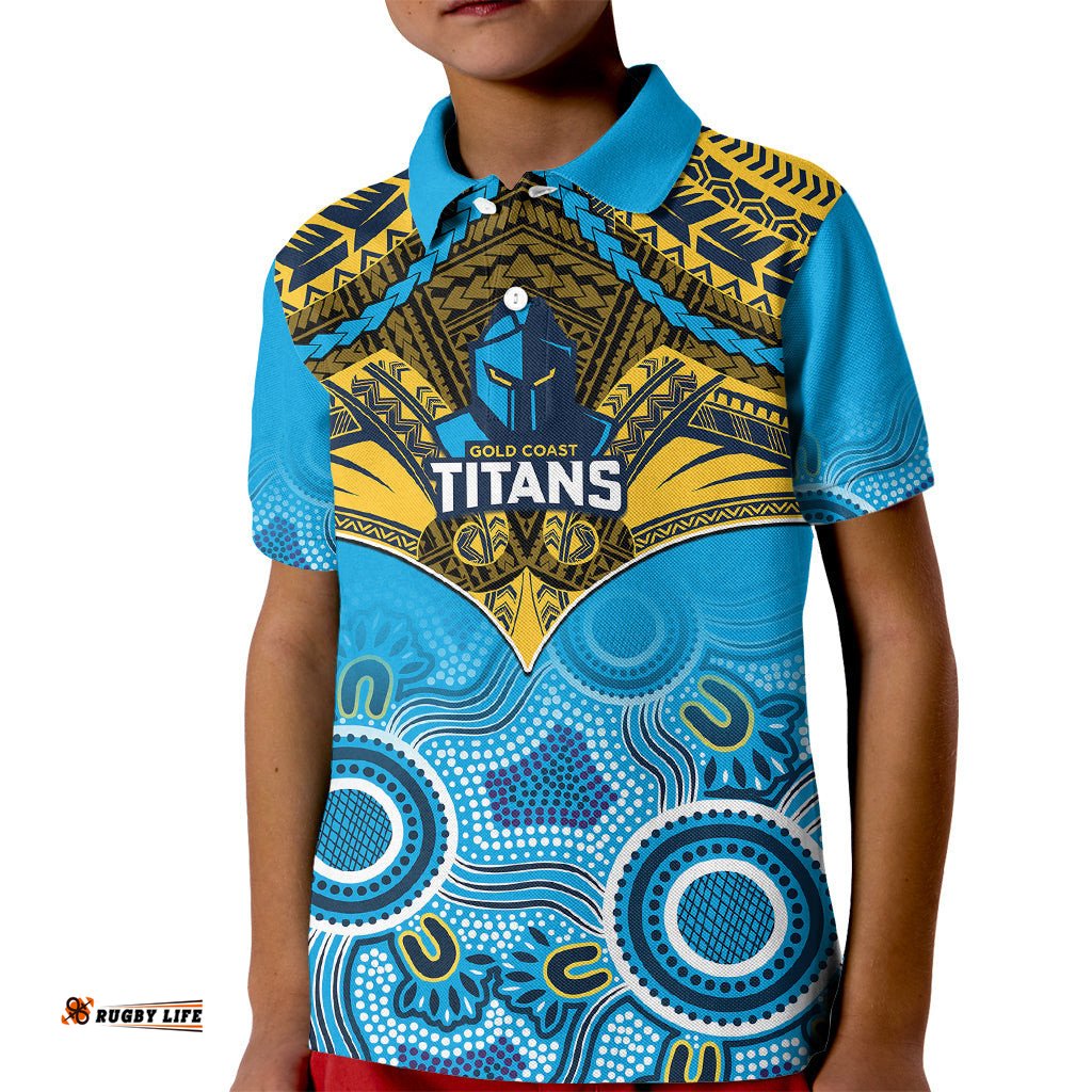 Personalised Titans Rugby Kid Polo Shirt Aboriginal Mix Polynesian Pattern