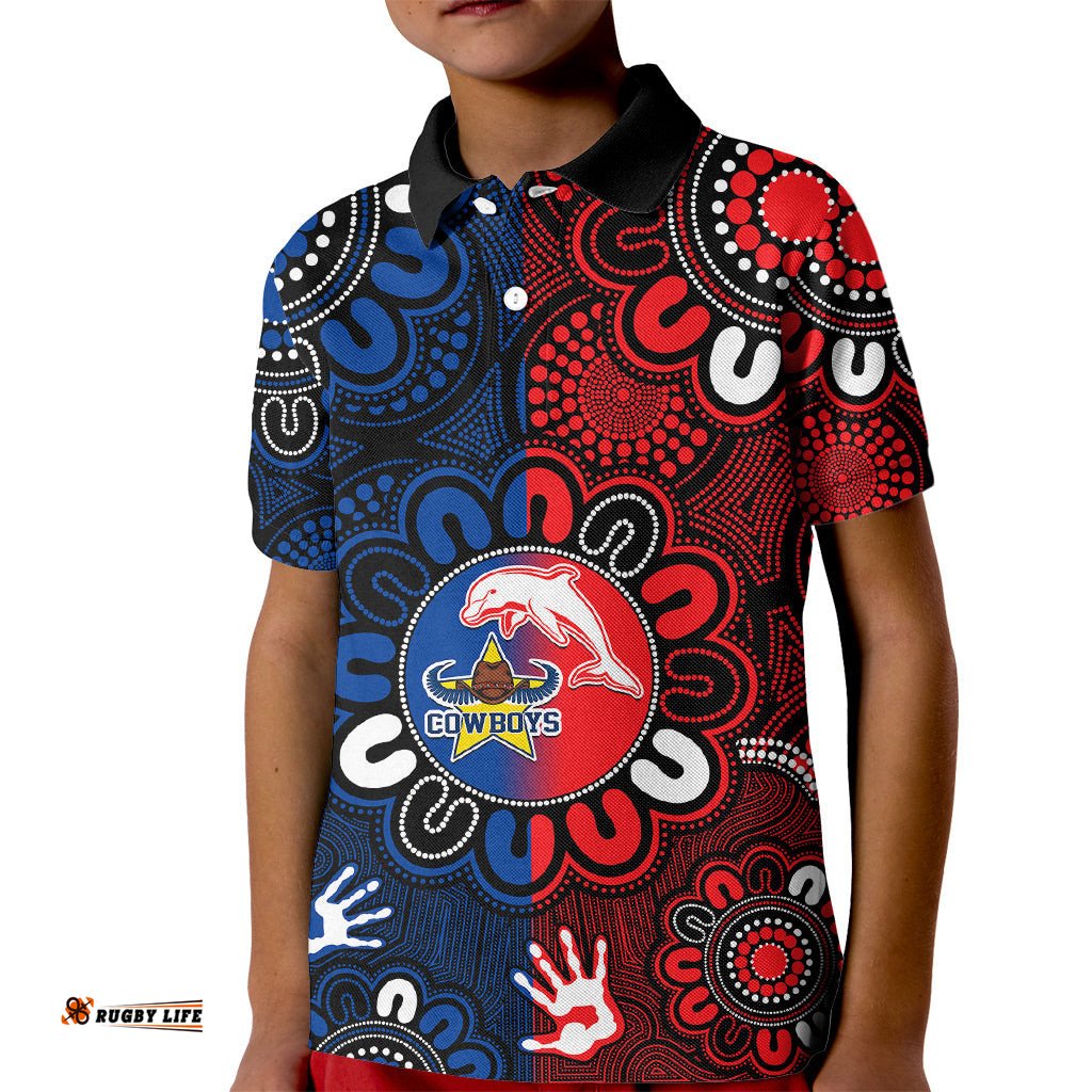 NRL Dolphins Combine Cowboys Rugby Kid Polo Shirt Indigenous Aboriginal Style