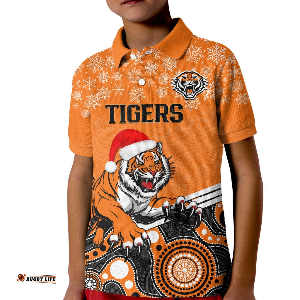 Custom Tigers Rugby Christmas Kid Polo Shirt Merry XmasMix Aboriginal Art