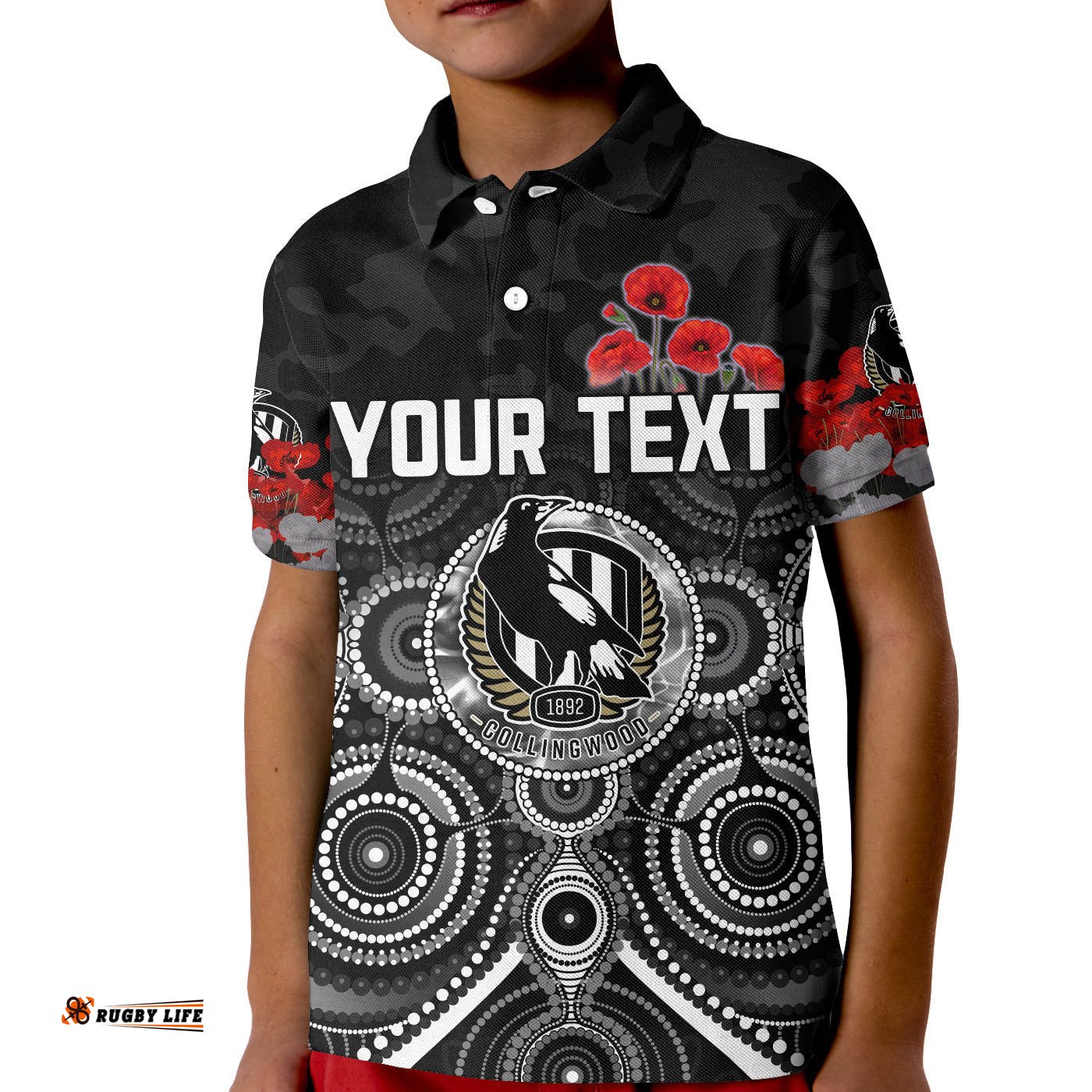 Custom Personalised Magpies AnzacPolo Shirt KID Collingwood Football Aboriginal Poppy Flowers