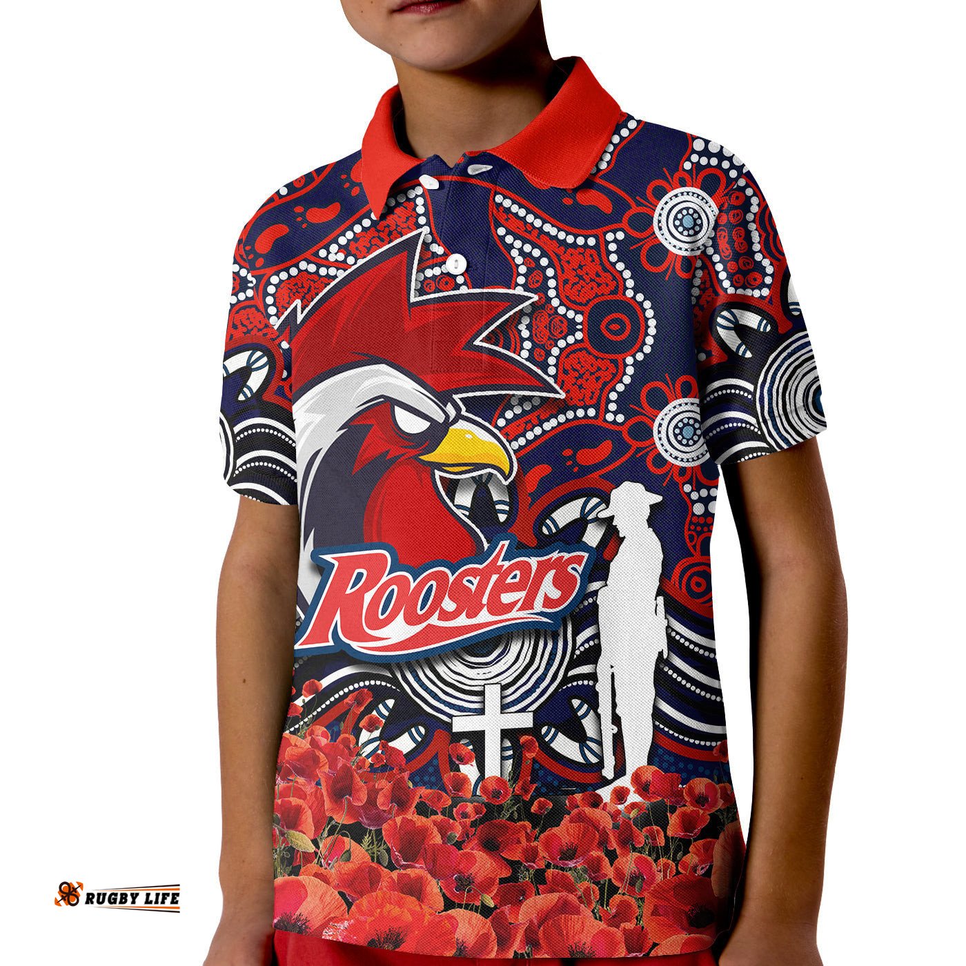 Roosters Polo Shirt KID Anzac Day Poppy Flowers With Aboriginal
