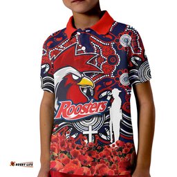 Roosters Polo Shirt KID Anzac Day Poppy Flowers With Aboriginal