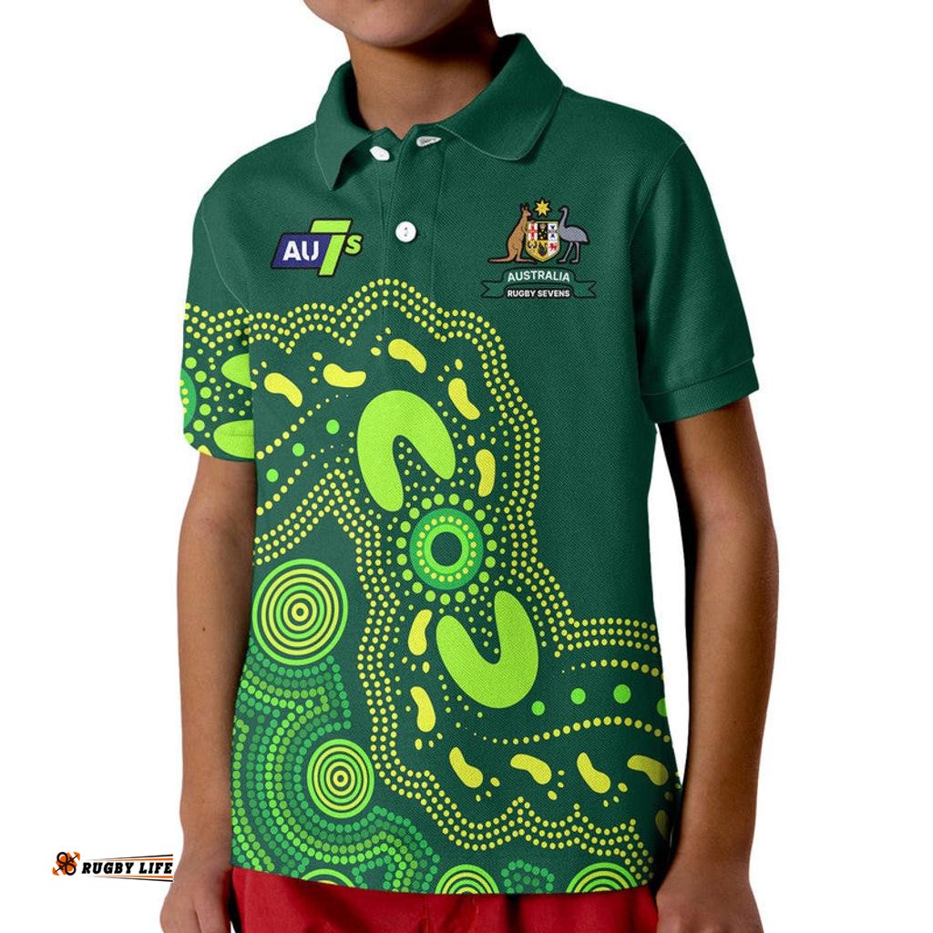 Custom Text And Number Australia Rugby Sevens Kid Polo Shirt Aboriginal