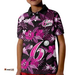 Custom Text And Number Sydney Sixers Cricket Polo Shirt KID Aboriginal Art Mix Tropical Flowers