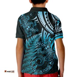 New Zealand Lizard Kid Polo Shirt Silver Fern Aotearoa Maori Blue Version