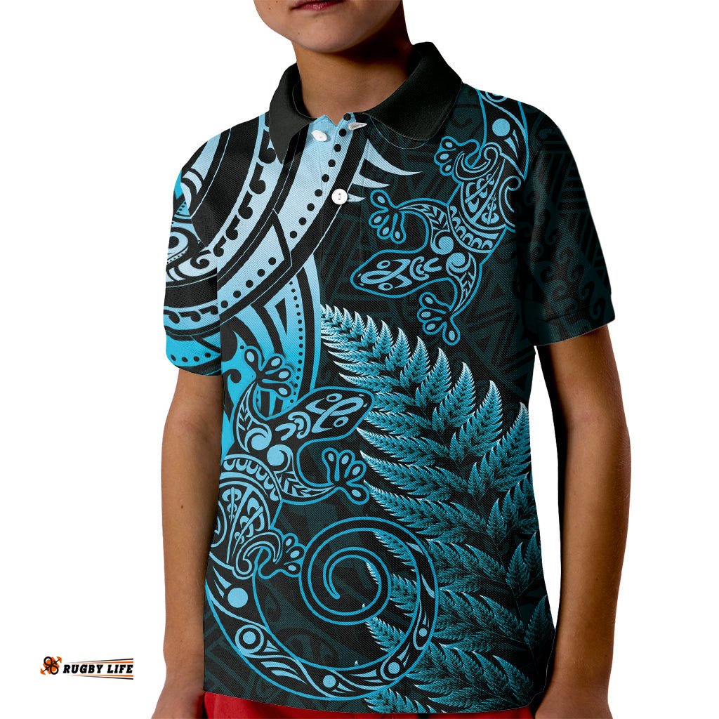 New Zealand Lizard Kid Polo Shirt Silver Fern Aotearoa Maori Blue Version