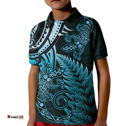 New Zealand Lizard Kid Polo Shirt Silver Fern Aotearoa Maori Blue Version