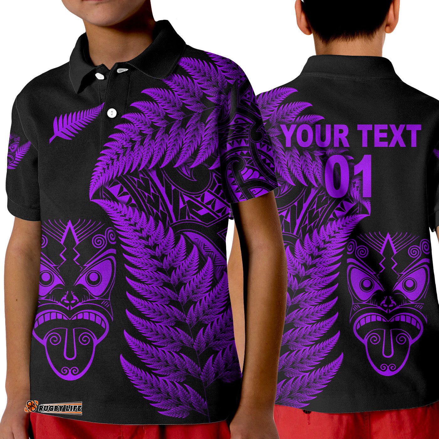 Custom Personalised New Zealand Haka Rugby Maori Polo Shirt KID Silver Fern Vibes - Purple