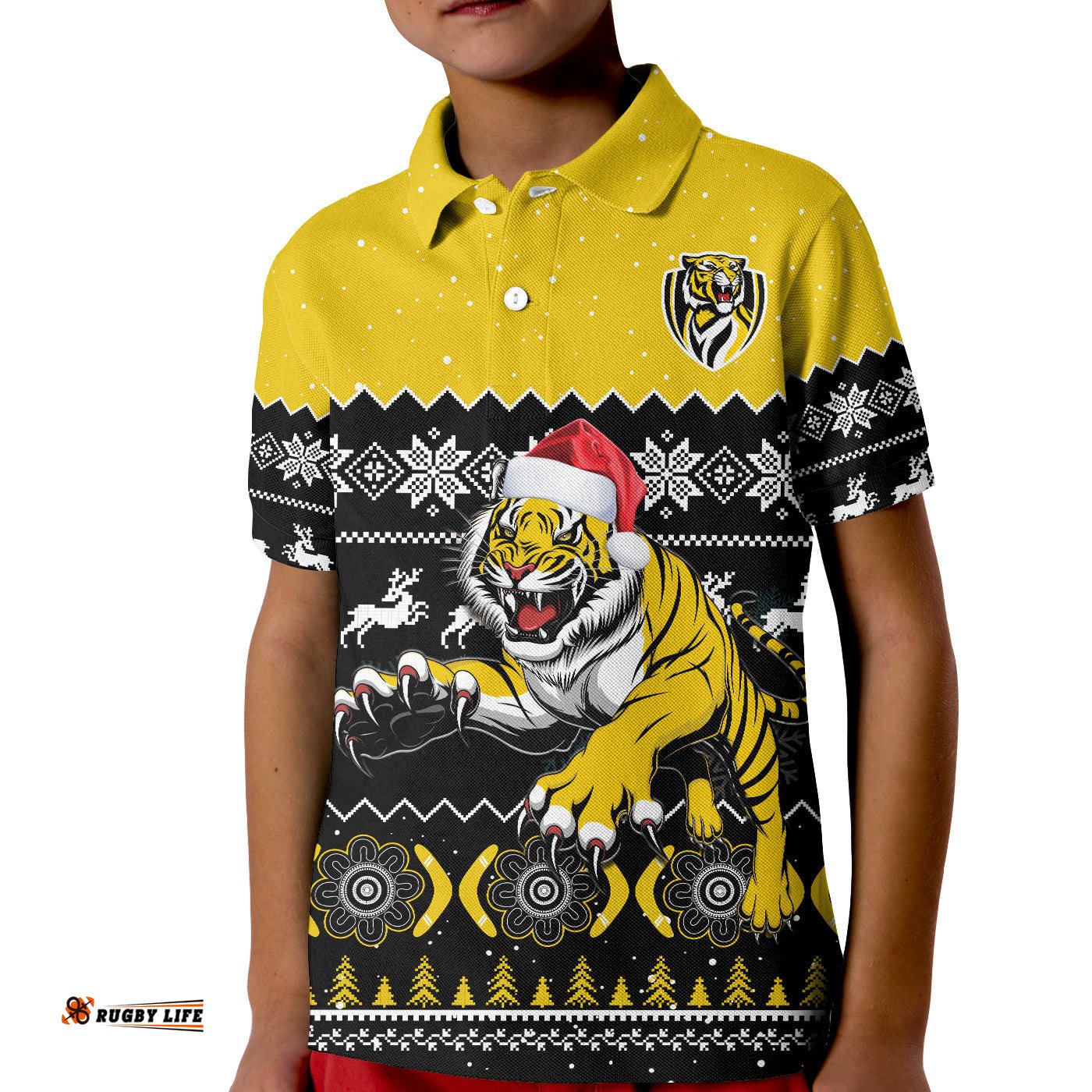 Custom Personalised Richmond Football Polo Shirt KID Tigers Indigenous Merry Christmas