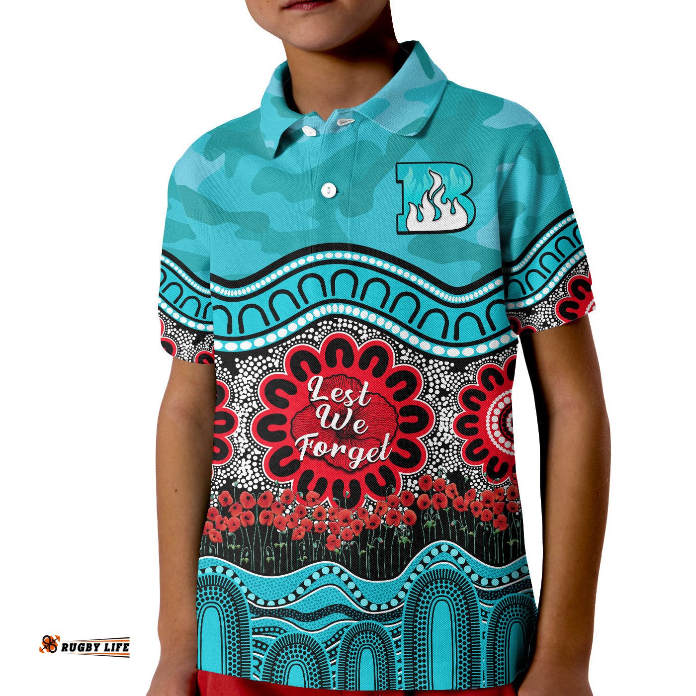 Brisbane Heat Cricket ANZAC Polo Shirt KID Poppy Aboriginal Camouflage