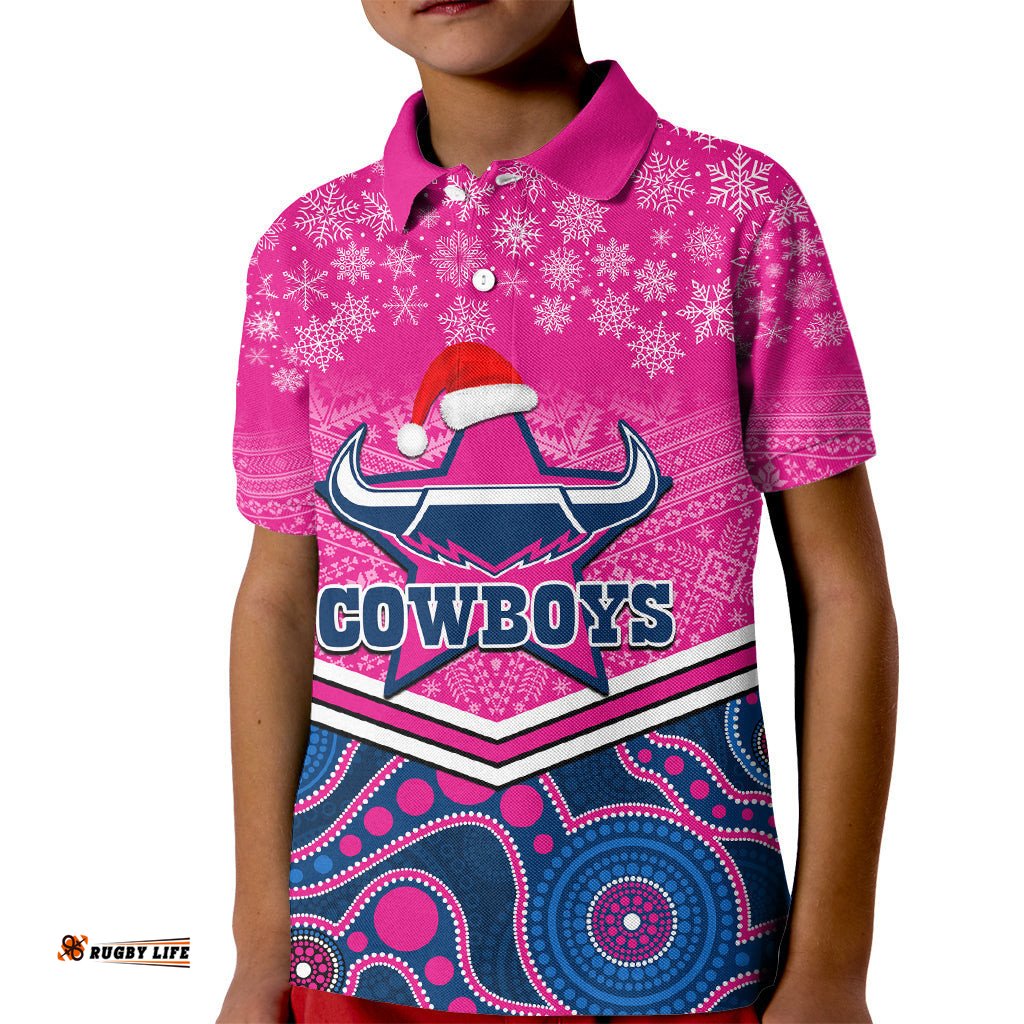 Custom Cowboys Rugby Christmas Kid Polo Shirt Merry XmasMix Aboriginal Art Pink Version