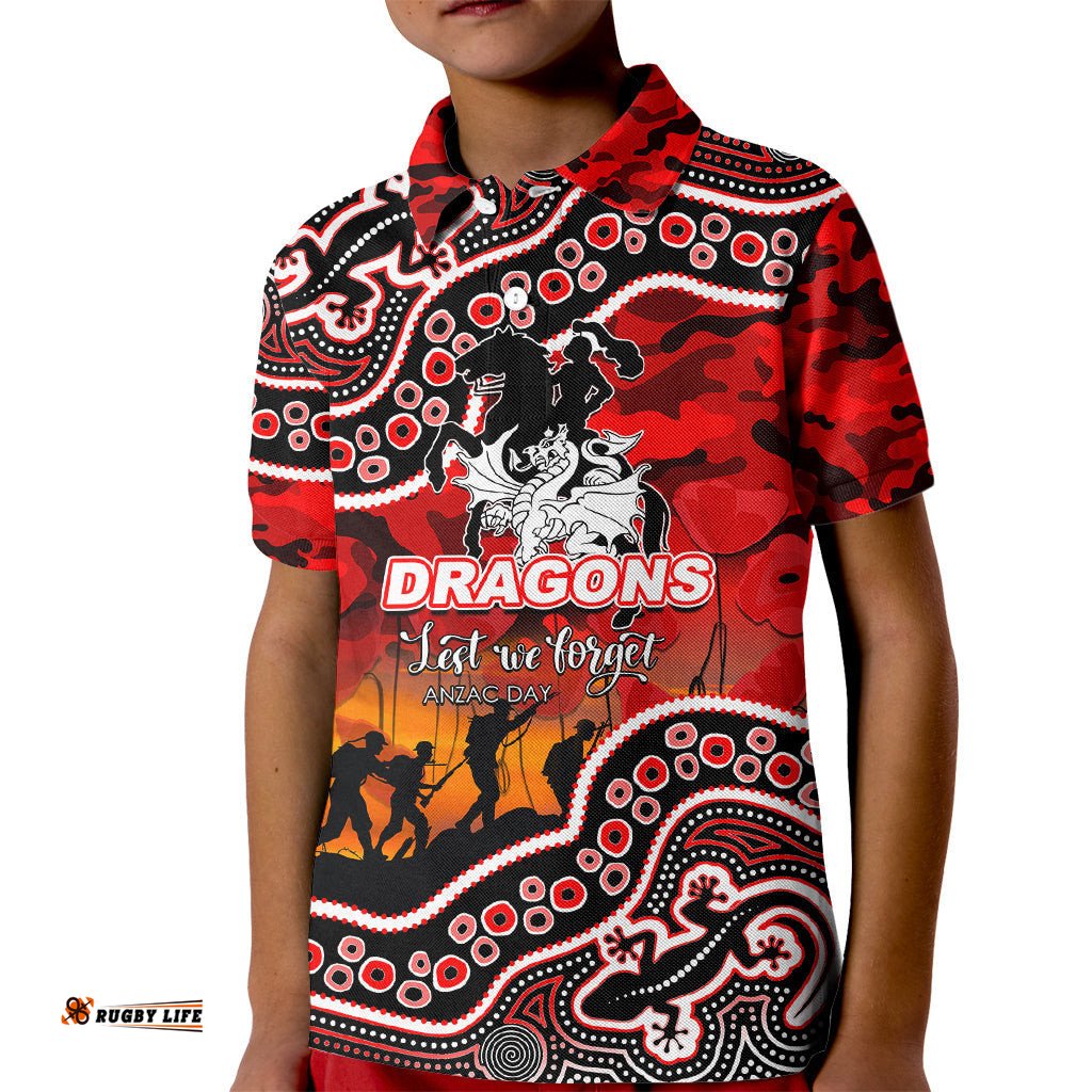 Custom Personalised Anzac Day NRL - Dragons Kid Polo Shirt Aboriginal Lizard Patterns