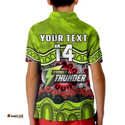 Custom Text And Number Thunder Cricket ANZAC Polo Shirt KID Poppy Sydney Aboriginal Camouflage