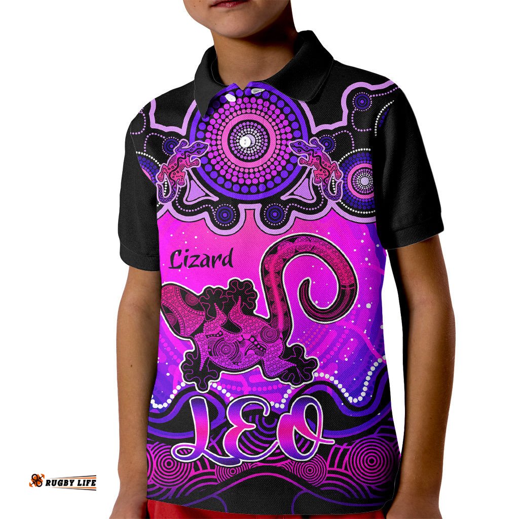 Personalised Australia Leo Lizard Zodiac Kid Polo Shirt Auz Astrology Aboriginal - Magenta