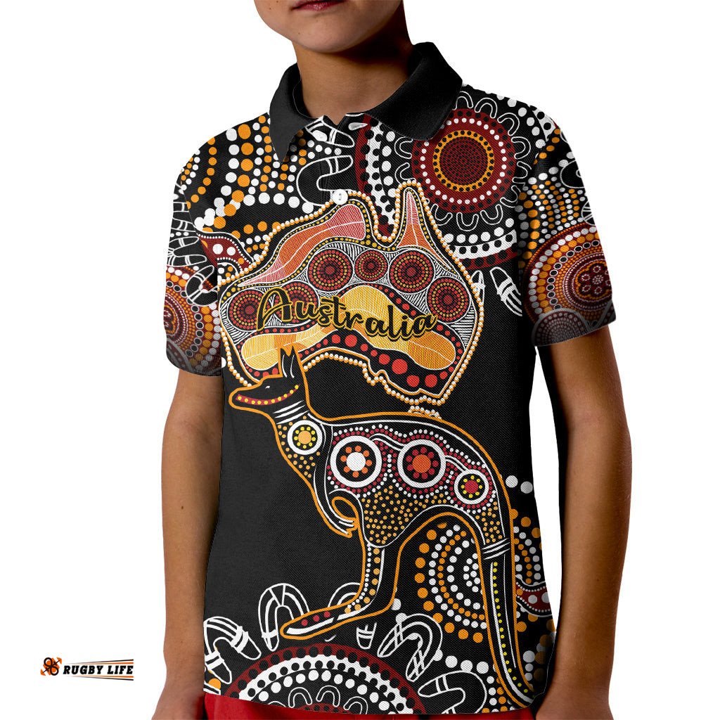 Australia Aboriginal Kid Polo Shirt Australian Map With Kangaroo Indigenous Art
