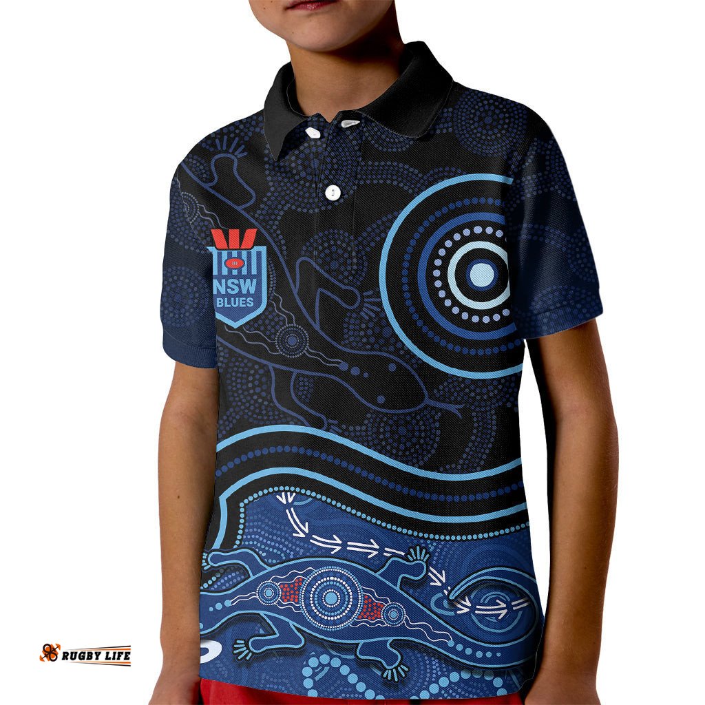 Personalised NSW Blues Rugby Indigenous Kid Polo Shirt Lizard Aboriginal Dot Art