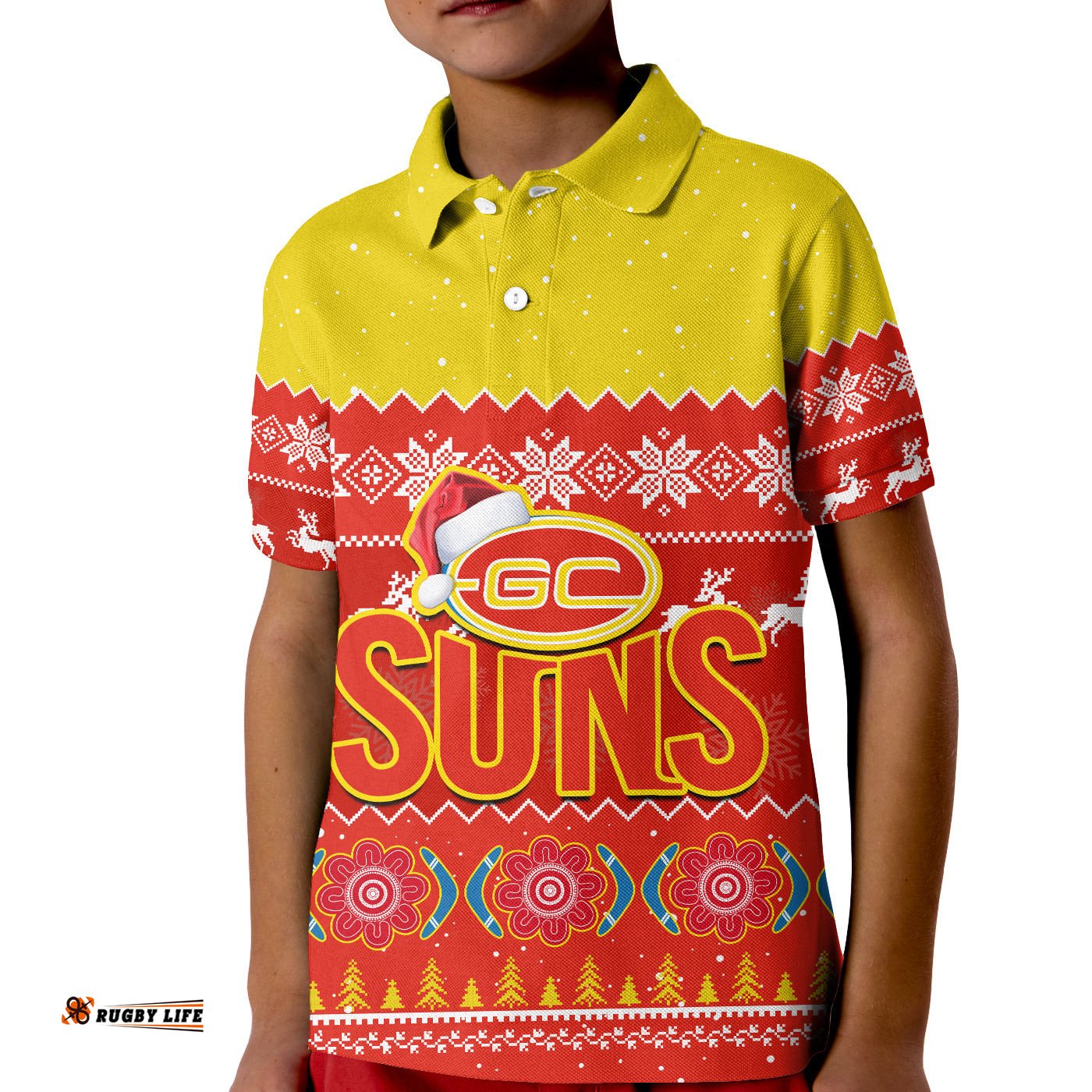 Custom Personalised Gold Coast Football Polo Shirt KID Suns Aboriginal Merry Christmas