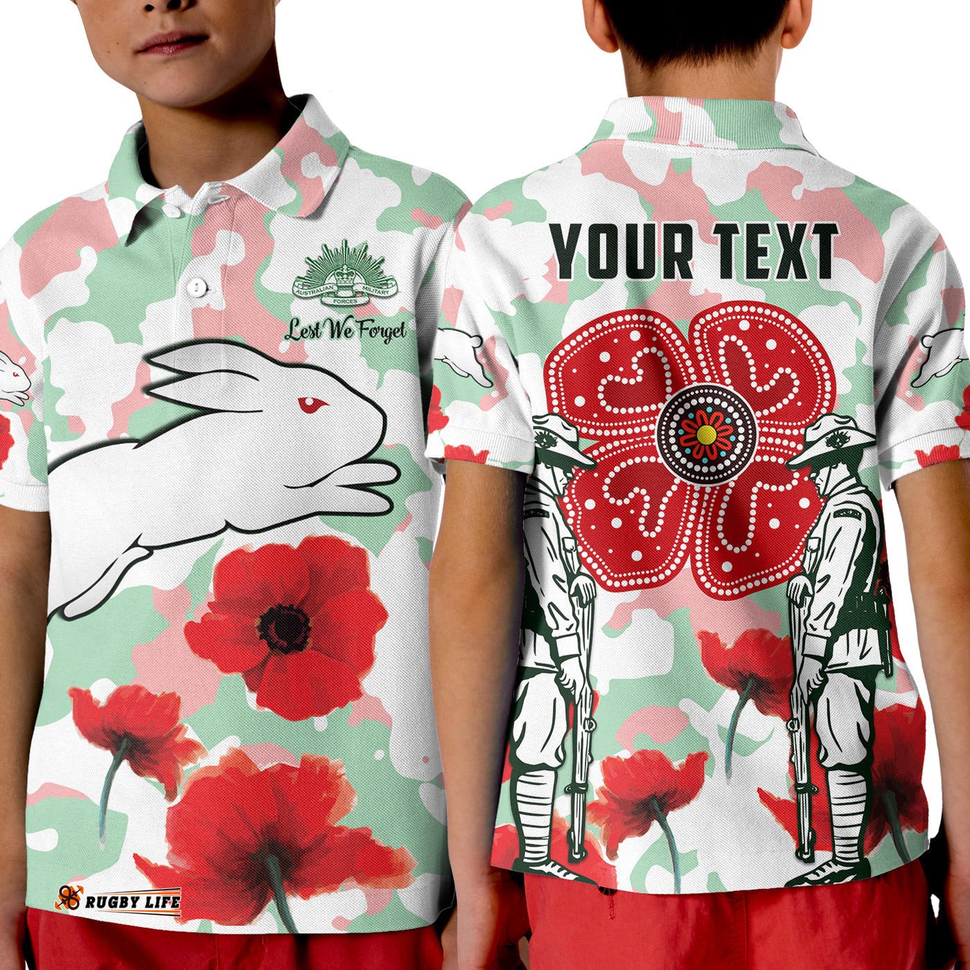 Custom Personalised Rabbitohs Anzac Day Polo Shirt KID Poppies Aboriginal Proud Soldiers