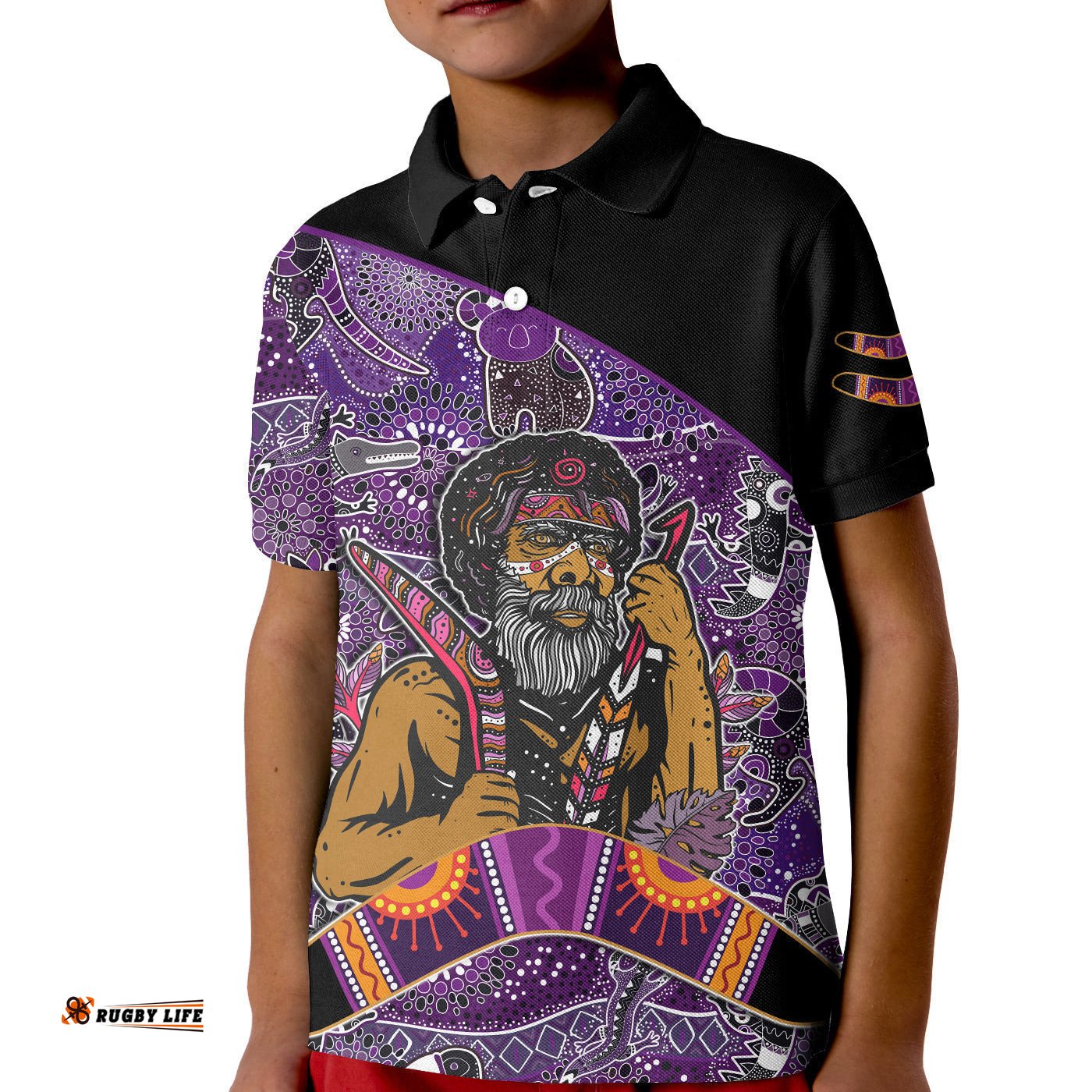 Australian Boomerang Polo Shirt KID Indigenous Australia Purple Graceful