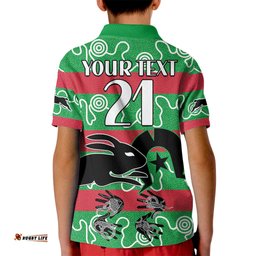 Custom Text And Number NAIDOC Rabbitohs Rugby Kid Polo Shirt Go The Bunnies Aboriginal Dots