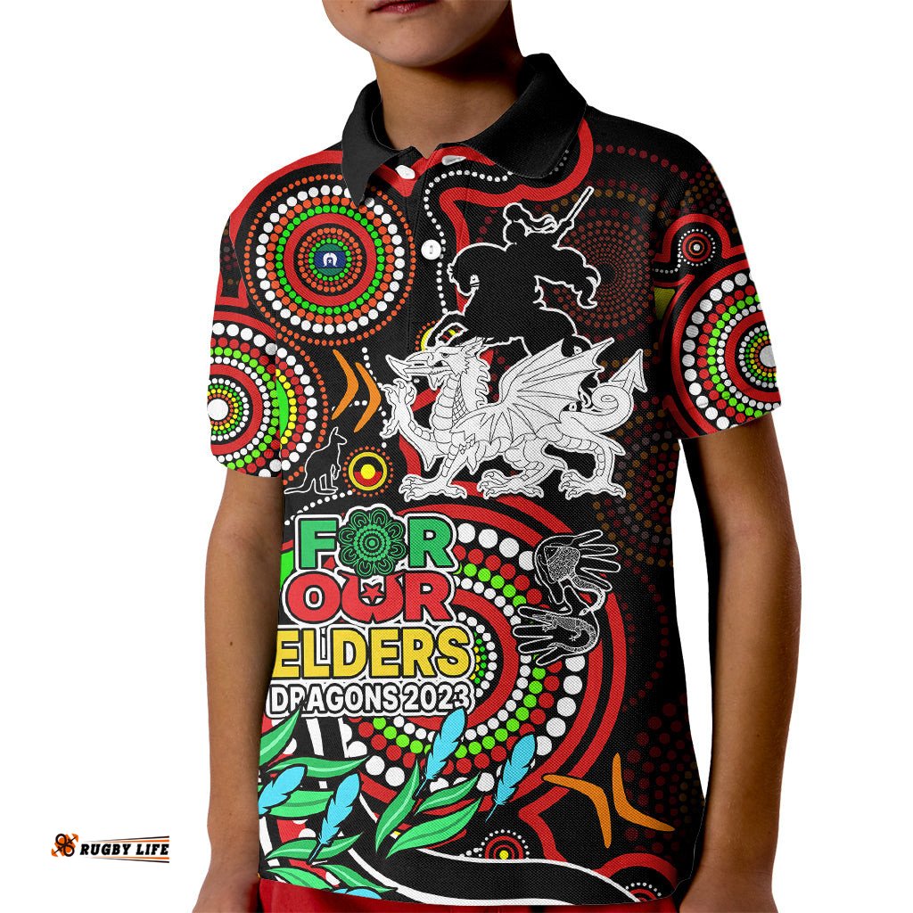 Dragons Rugby Aboriginal Art Kid Polo Shirt NAIDOC Indigenous Tribal