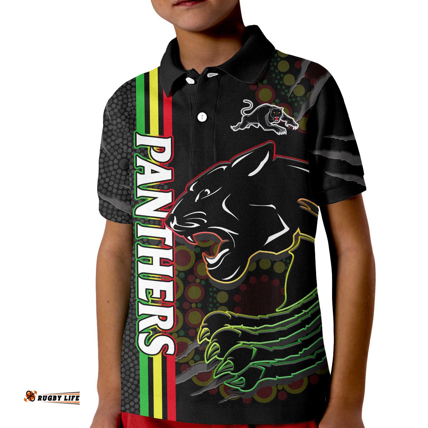 Penrith Panthers Rugby Polo Shirt KID The Mountain Men Aboriginal Art Dynamic