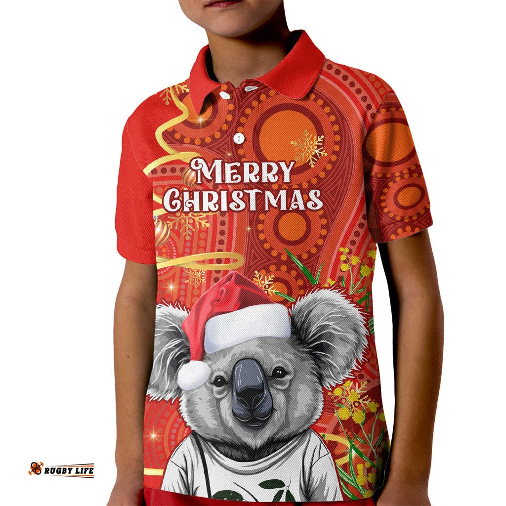 Personalised Australia Koala Christmas Kid Polo Shirt Aboriginal Art With Golden Wattle
