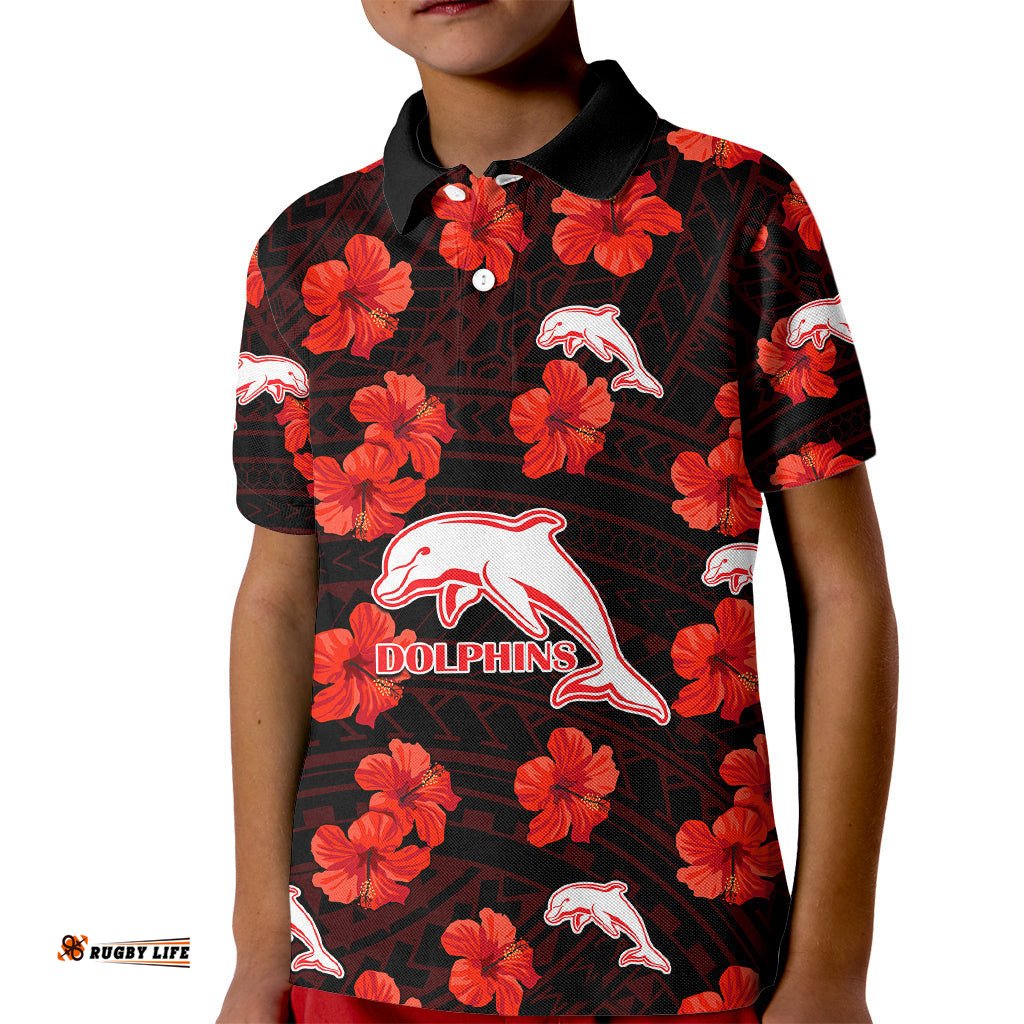 Dolphins Rugby Kid Polo Shirt Polynesian Style With Hibiscus