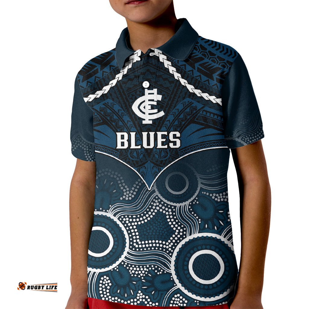 Carlton Football Kid Polo Shirt Blues Aboriginal Mix Polynesian Pattern