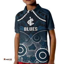 Carlton Football Kid Polo Shirt Blues Aboriginal Mix Polynesian Pattern