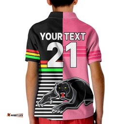 Custom Text And Number Penrith Panthers Rugby Kid Polo Shirt Proud The Panthers Comeback Black and Pink