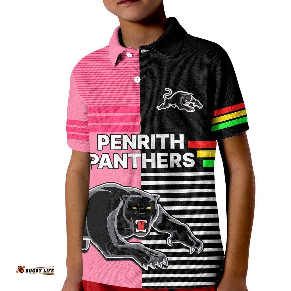 Custom Text And Number Penrith Panthers Rugby Kid Polo Shirt Proud The Panthers Comeback Black and Pink