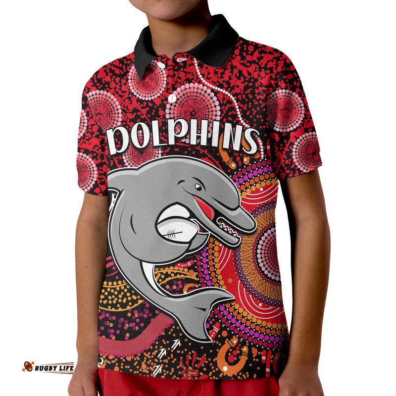Dolphins Rugby Kid Polo Shirt Aboriginal Dots Verion