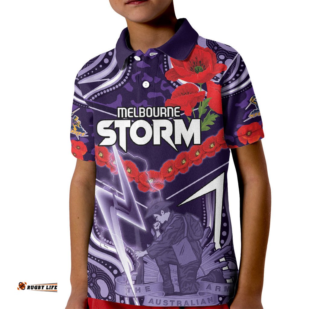 Custom Storm Rugby ANZAC Kid Polo Shirt Melbourne Gallipoli Soldier With Aboriginal Art