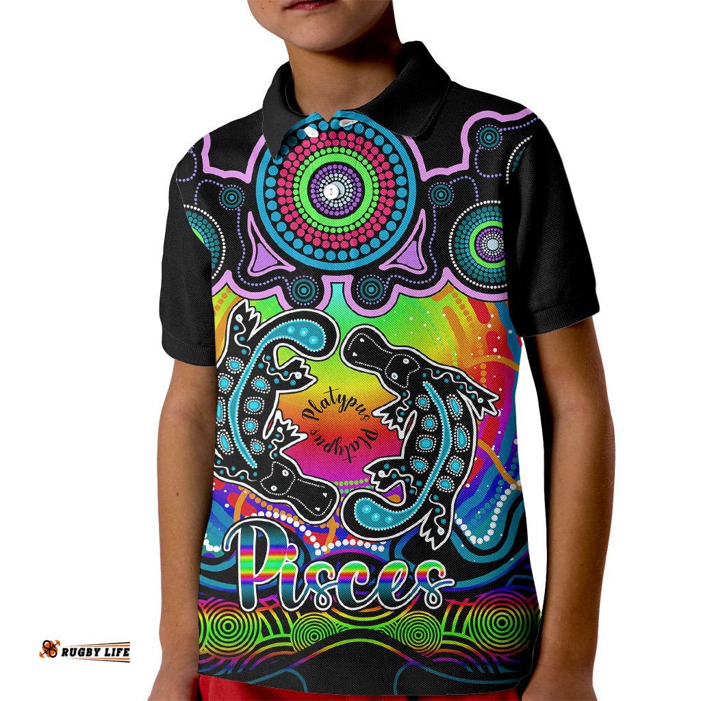 Personalised Australia Pisces Platypus Zodiac Kid Polo Shirt Auz Astrology Aboriginal - Rainbow