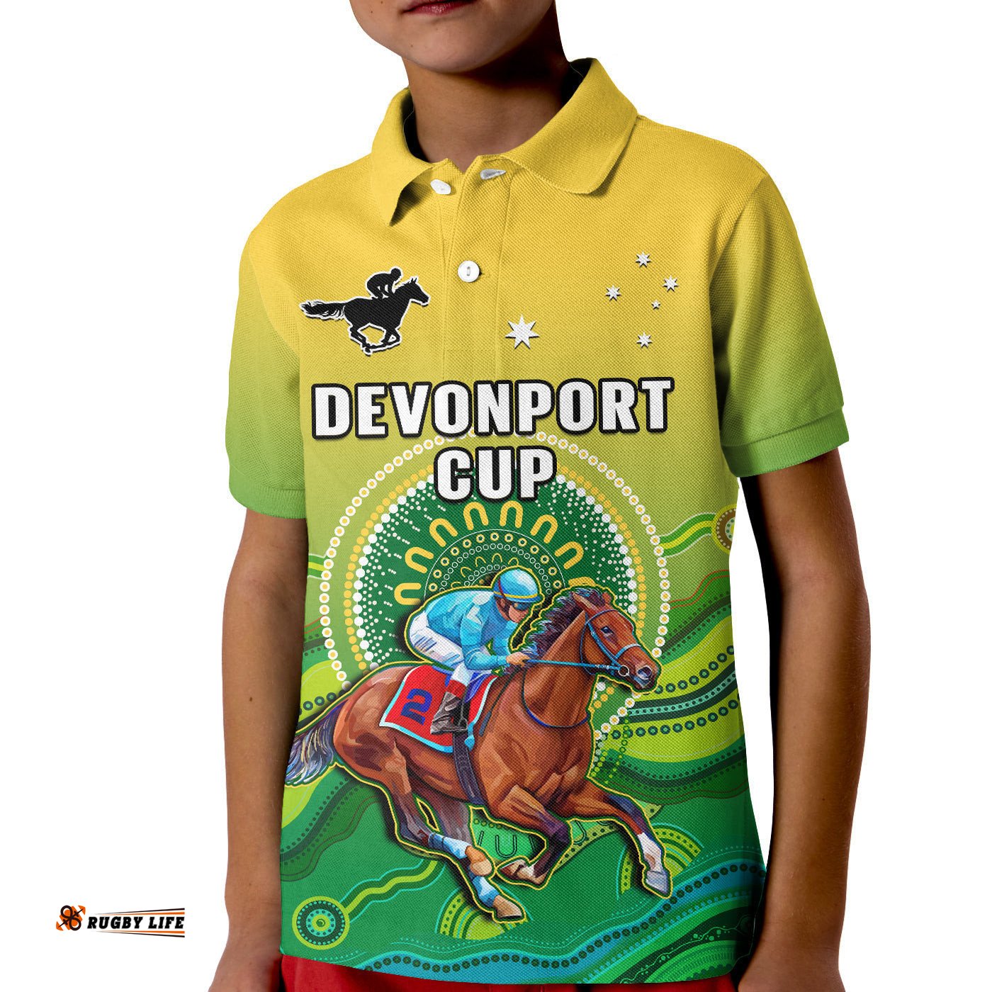 Australia Devonport CupPolo Shirt KID Horse Racing Indigenous Art