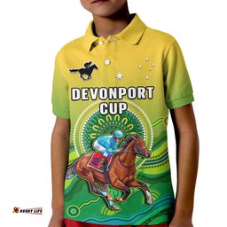 Australia Devonport CupPolo Shirt KID Horse Racing Indigenous Art