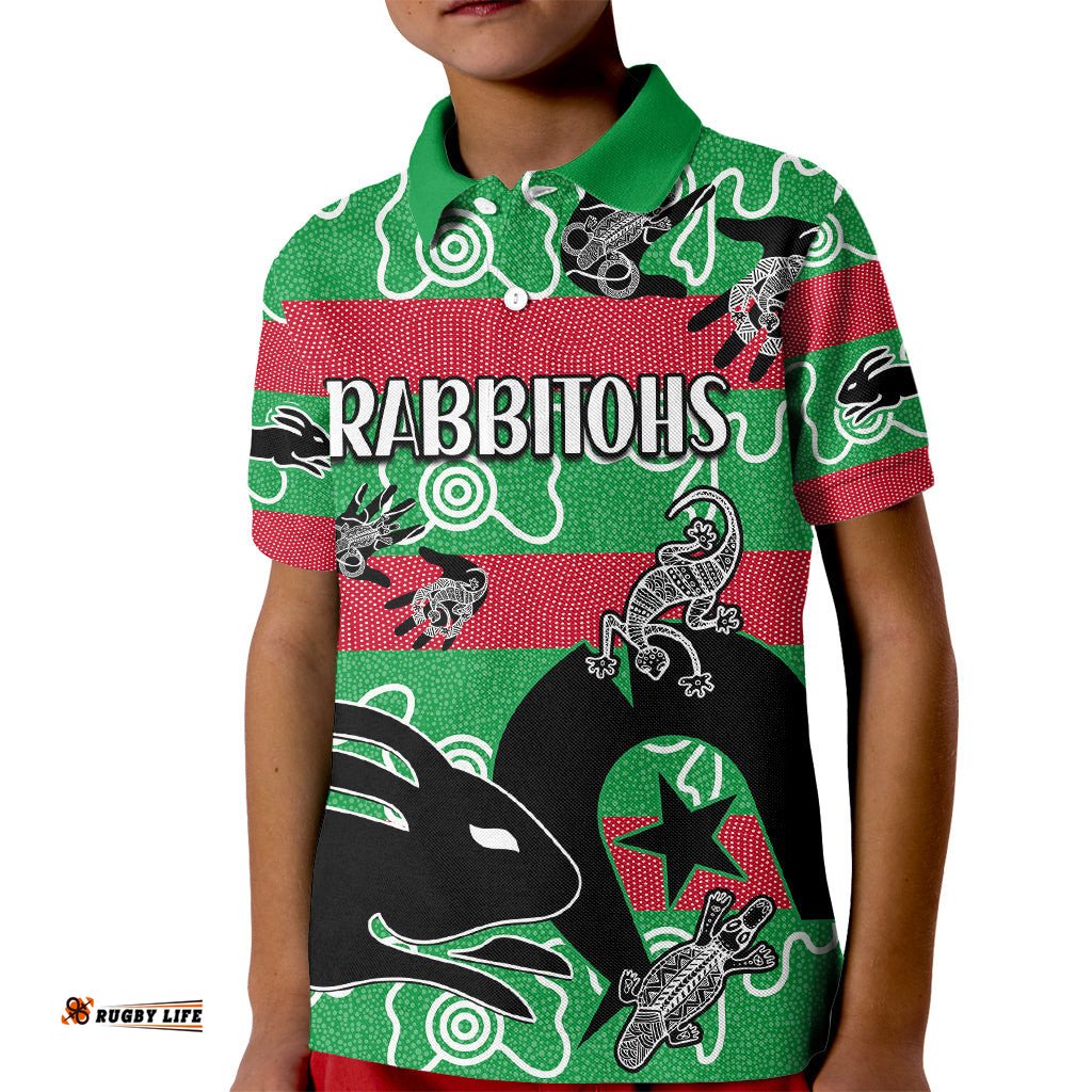 NAIDOC Rabbitohs Rugby Kid Polo Shirt Go The Bunnies Aboriginal Dots