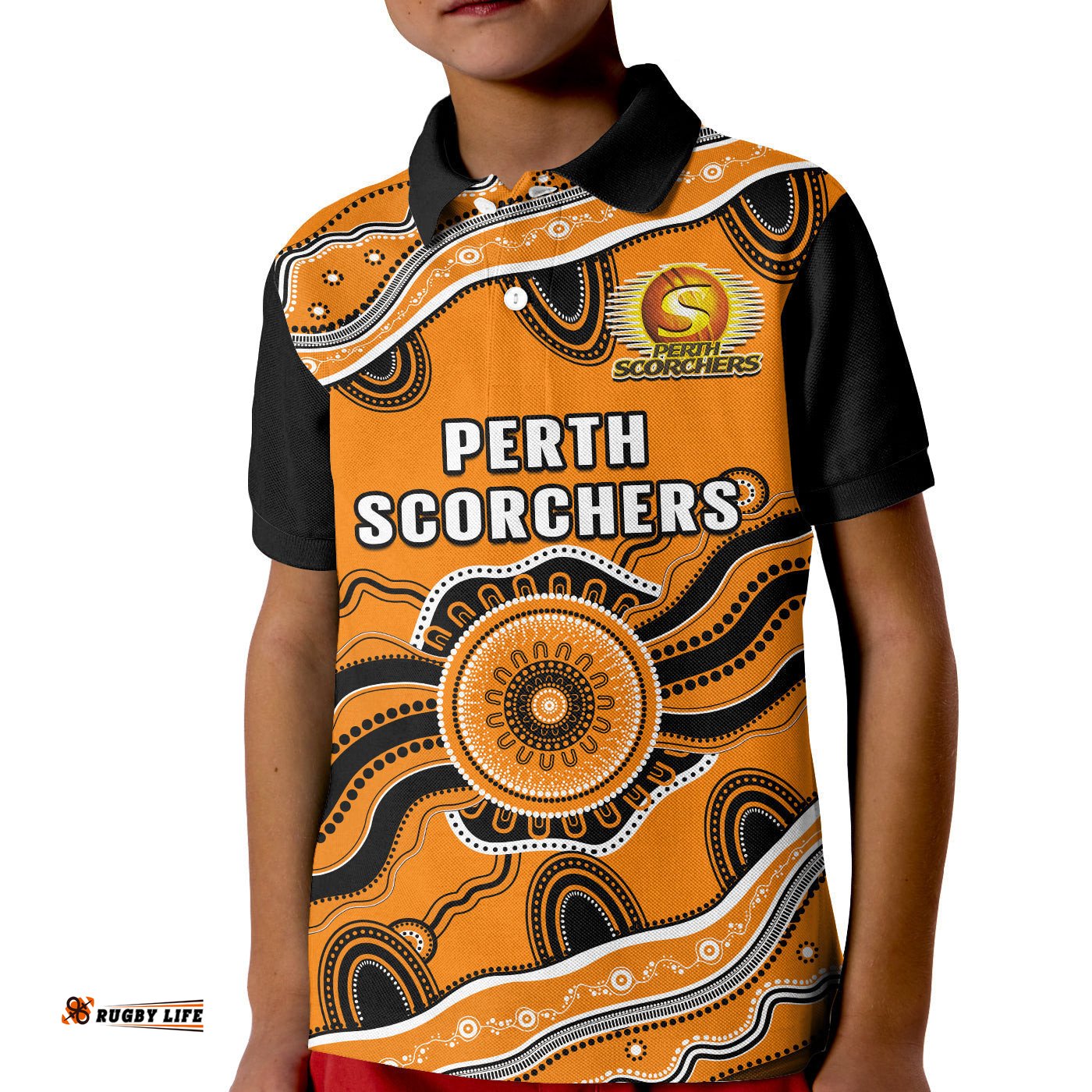 Custom Text And Number Perth Scorchers Cricket Polo Shirt KID Aboriginal Painting