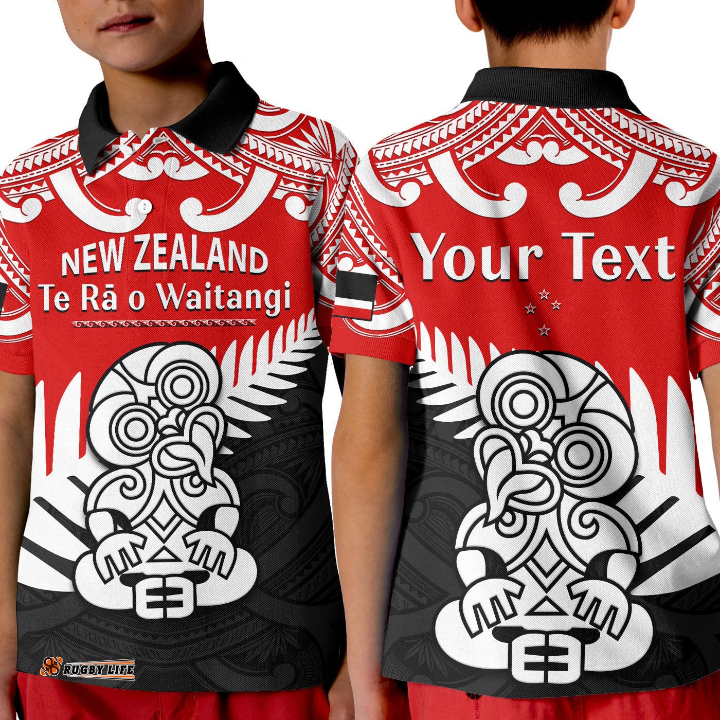 Custom Personalised Waitangi Day Polo Shirt KID Tino Rangatiratanga Flag With Tiki Maori Fern