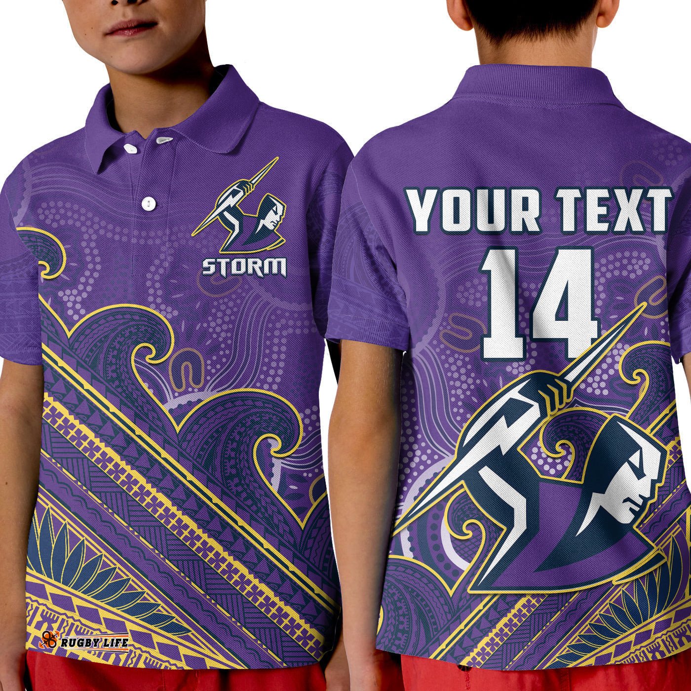 Custom Text And Number Storm Rugby Polo Shirt KID Melbourne Pasifika Aboriginal Gradient Polynesian
